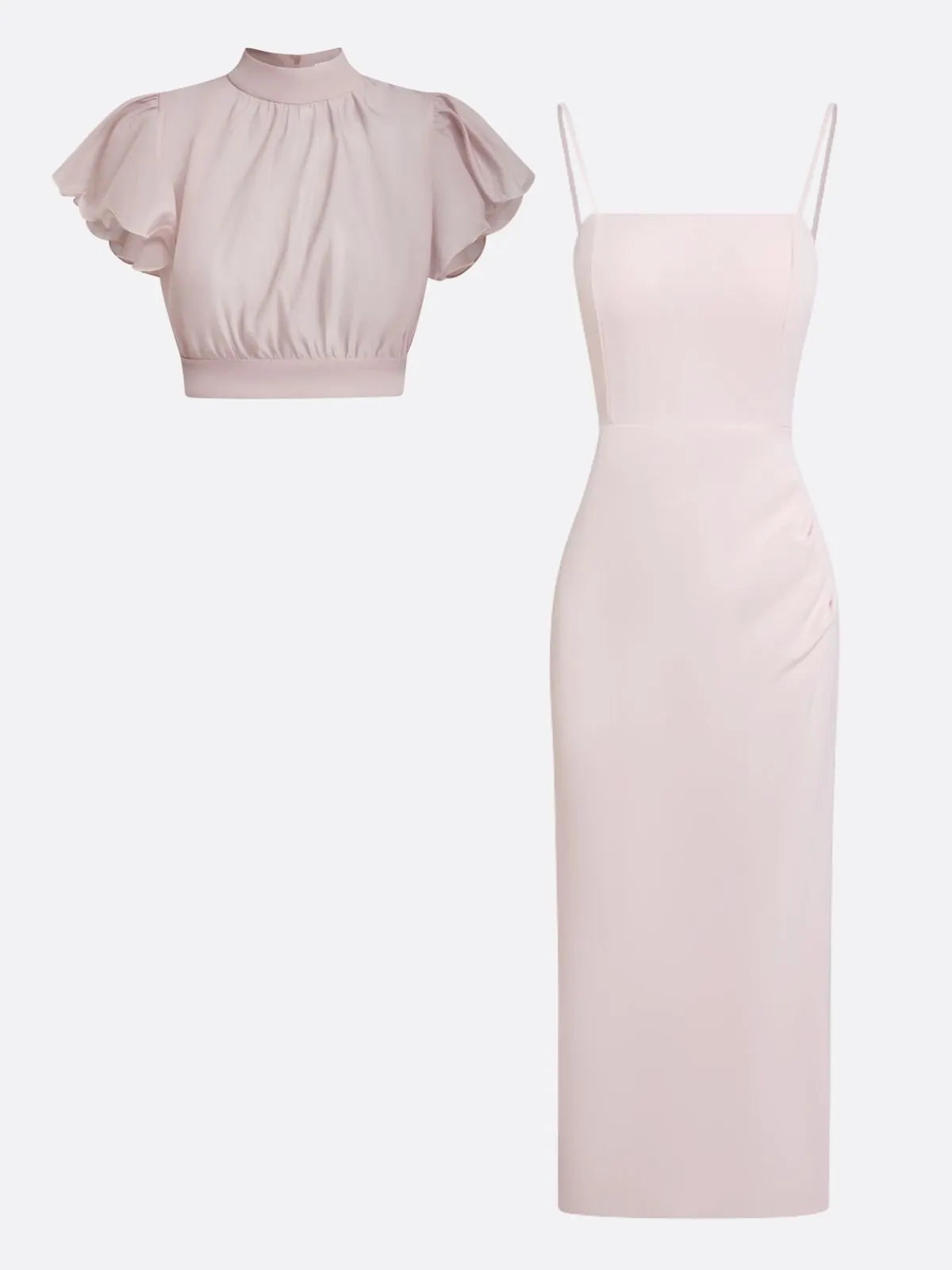 Women Pink Mock Neck Short Sleeve Dressy Dress With Top Two-Piece Set
