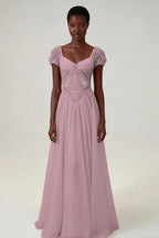 Cocoslly Short Sleeves High Waist Long Prom Dress With Rhinstone | Blushing Pink Chiffon LR0376