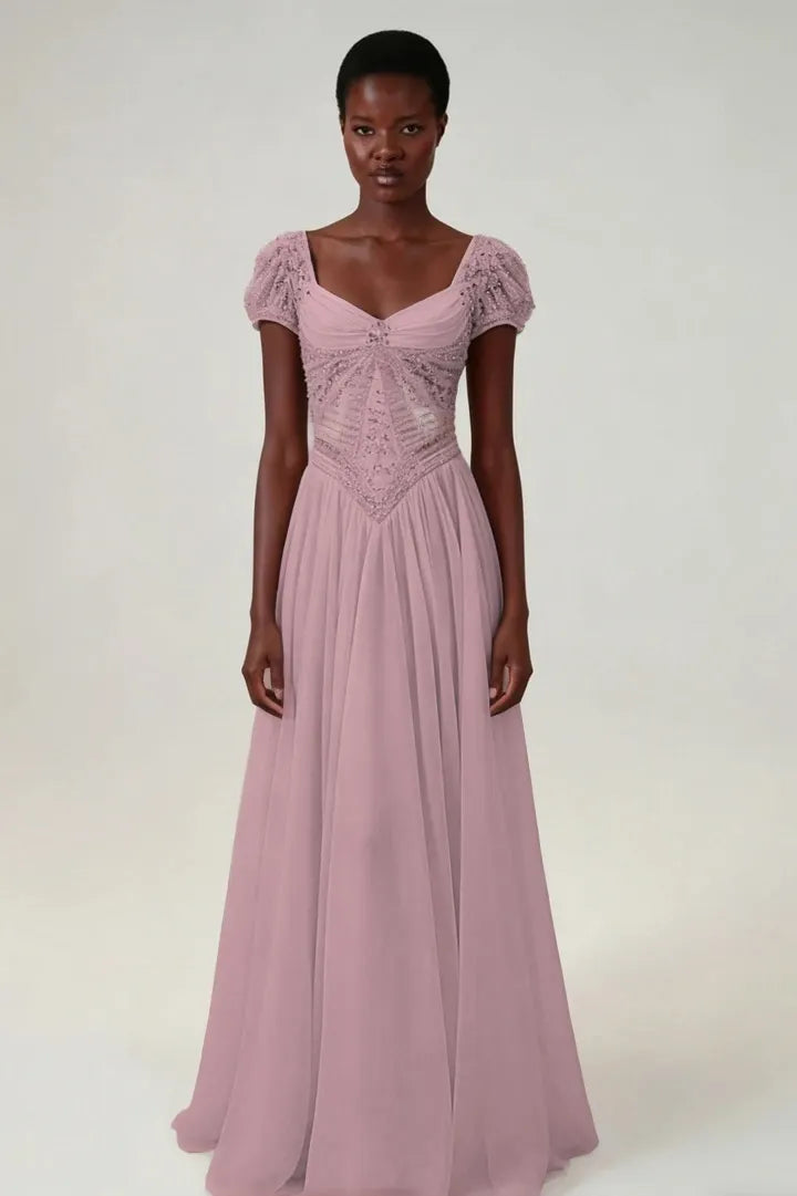 Cocoslly Short Sleeves High Waist Long Prom Dress With Rhinstone | Blushing Pink Chiffon LR0376