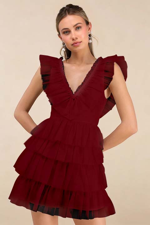Cocoslly V-Neck Wide Straps Sleeveless Short A-Line Pleated Prom Dress With Ruffles | Black Tulle ZA0212