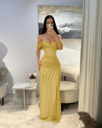 Cocoslly Satin Off-The-Shoulder Sleeveless Long Prom Dress With Pleated