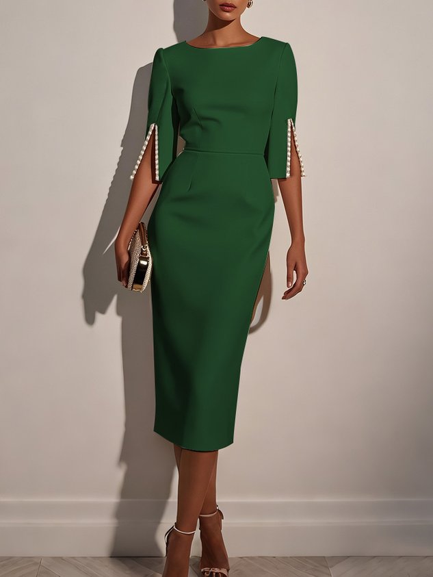 Navy Blue Faux Pearl Classic Crew Neck Half Sleeve Sheath Midi Dress
