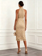 Champagne Ruched Lace Jacquard Classic Halter Neck Sleeveless H-Line Midi Dress