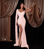 V-Neck One Shoulder Single Sleeve Long Mermaid Prom Dress With Beadings And High Split YK0627