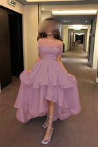Cocoslly Off-The-Shoulder Sleeveless High Waist Long Prom Dress With Ruffles | Baby Blue Satin ZT0725