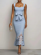 Light Blue Bow Lace Classic Sweetheart Neckline Sleeveless Mermaid Maxi Dress