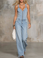 Retro Pink Denim Sleeveless Jumpsuit