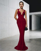 Cocoslly Spaghetti Straps Sleeveless High Waist Long Mermaid Prom Dress With Pleated | Red Satin LX0112