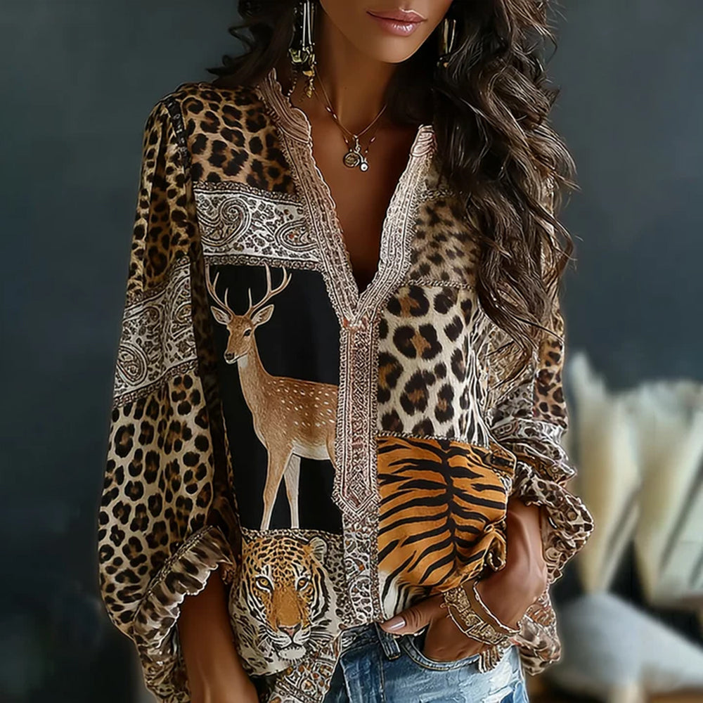 Vintage Hippie Deer, Leopard, And Paisley Print Casual V-neck Long Sleeve Top