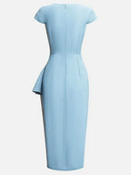 Light Blue Ruched Asymmetric Classic Cowl Neck Cap Sleeve Sheath Midi Dress