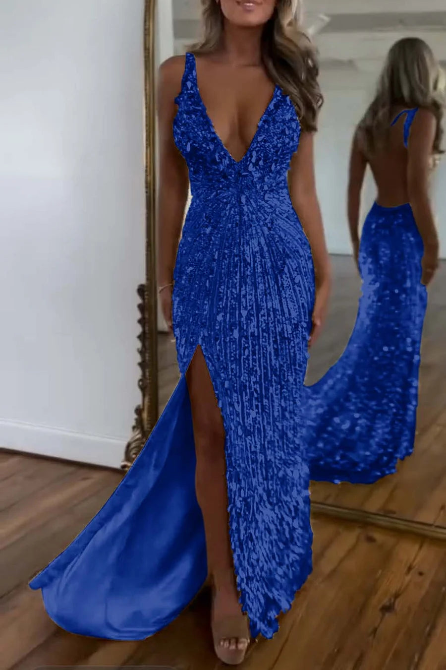 Cocoslly Spaghetti Straps V Neck Sleeveless High Neck Long Prom Dress with Split | Glod Champage  Sequins MS0489