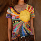 Women's Vintage Boho Sun Collage Floral Art Print Casual T-shirt