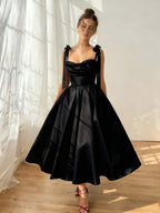 Satin Strapless Spaghetti Straps Sleeveless Pleated A-Line Prom Dress With Pleated And Bows YK0612