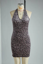 Elegant And Sexy Purple Leopard Print Halter Velvet Mini Dress