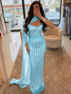 Cocoslly Strapless Sleeveless High Waist Long Prom Dress With Shawl And Rhinstone | Dusty Sage Satin YK1255