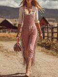 Western Retro Pink Tassel Faux Suede Overalls