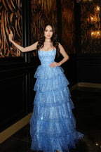 Cocoslly Strapless Sleeveless High Waist Long Prom Dress With Ruffles And Sequins | Sky Blue Tulle YC0474