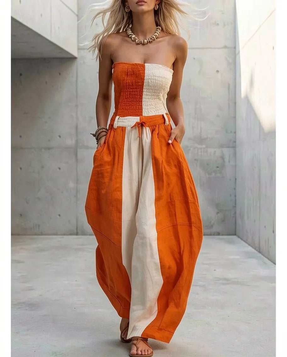 Casual Fashion Strapless Orange And Off-White Contrast Cotton-Linen Jumpsuit