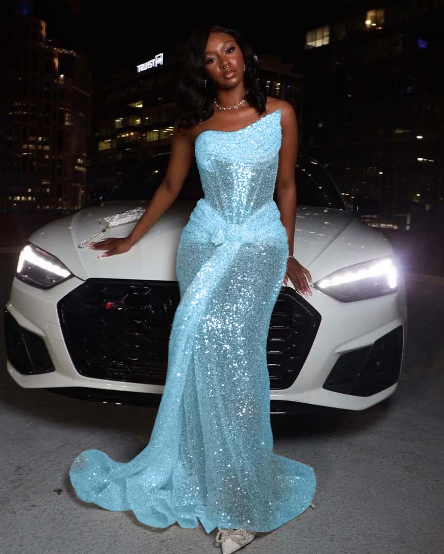 Tulle Asymmetric Strapless Sleeveless Long Pleated Mermaid Prom Dress With Sequins And Ruffles YK0320