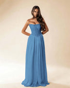 Strapless Sleeveless Long Pleated A-Line Prom Dress With Beadings And Rhinstone YK0781