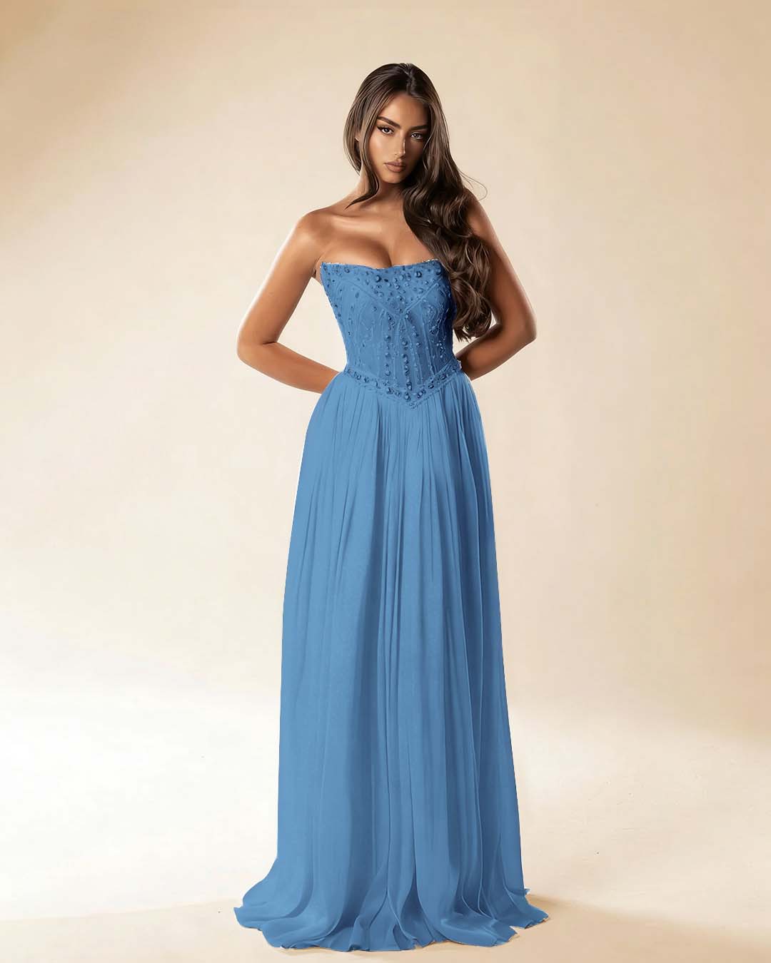 Strapless Sleeveless Long Pleated A-Line Prom Dress With Beadings And Rhinstone YK0781