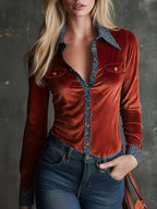 Vintage Blue Leopard Print Trim Rust Red Long-sleeved Velvet Shirt