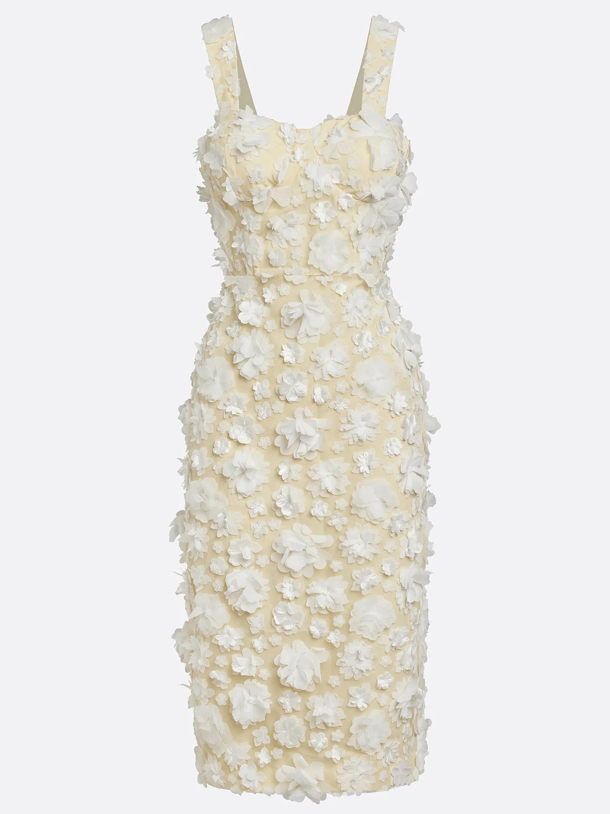 White 3D Floral Classic Square Neck Sleeveless Sheath Midi Dress