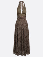 Brown Slit Classic Halter Sleeveless A-Line Maxi Dress