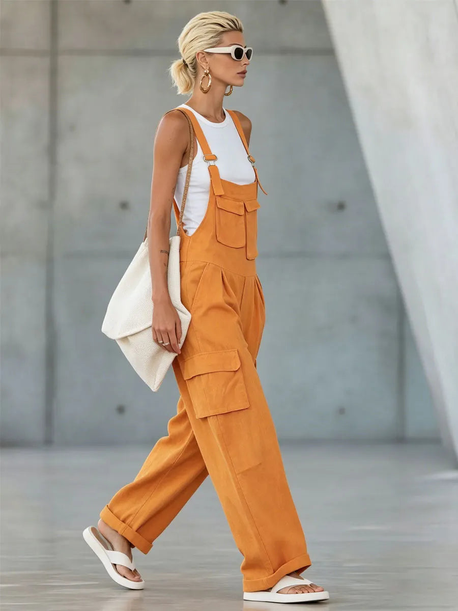 Orange Cotton-linen Multi-pocket Wide-leg Overalls