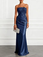 Champagne Lace Jacquard Satin Strapless Sleeveless Mermaid Gown Dress
