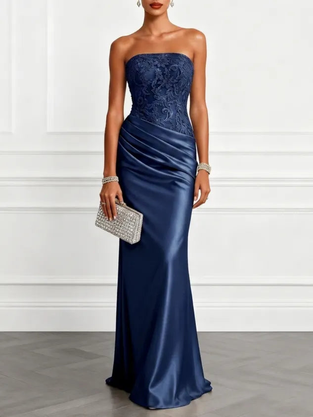 Champagne Lace Jacquard Satin Strapless Sleeveless Mermaid Gown Dress