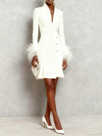 White Feather-trimmed Buckle Classic V Neck Stand Collar Long Sleeve A-Line Mini Dress