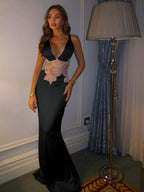 Satin Deep V-Neck Spaghetti Straps Sleeveless Long Mermaid Prom Dress With Lace YK0699