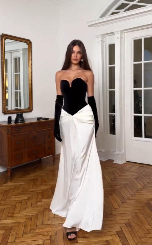 Cocoslly Strapless Sweetheart Long Pleated Mermaid Prom Dress With Gloves | Black Velvet And White Satin CO0030