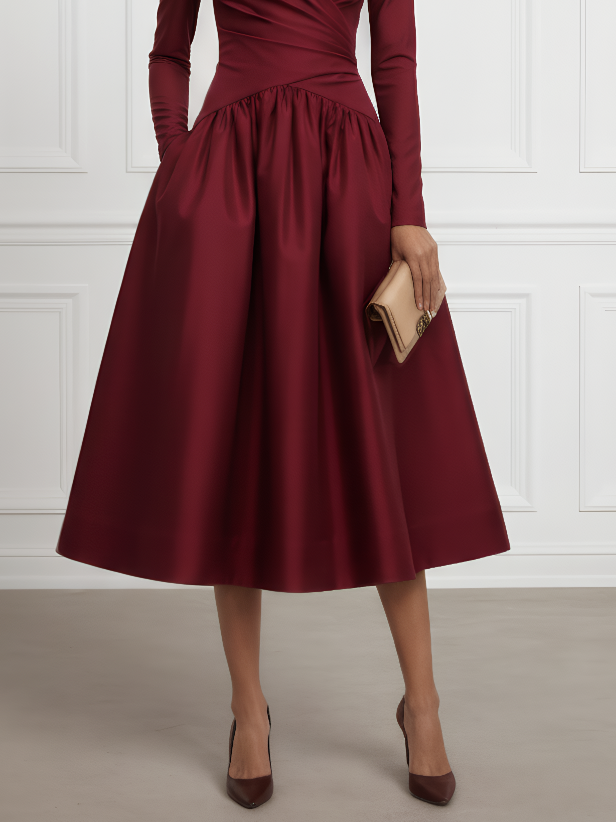 Burgundy Ruched Satin V Neck Long Sleeve A-Line Midi Dress