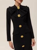 Black Bow Collar Long Sleeve Blazer Sheath Midi Dress