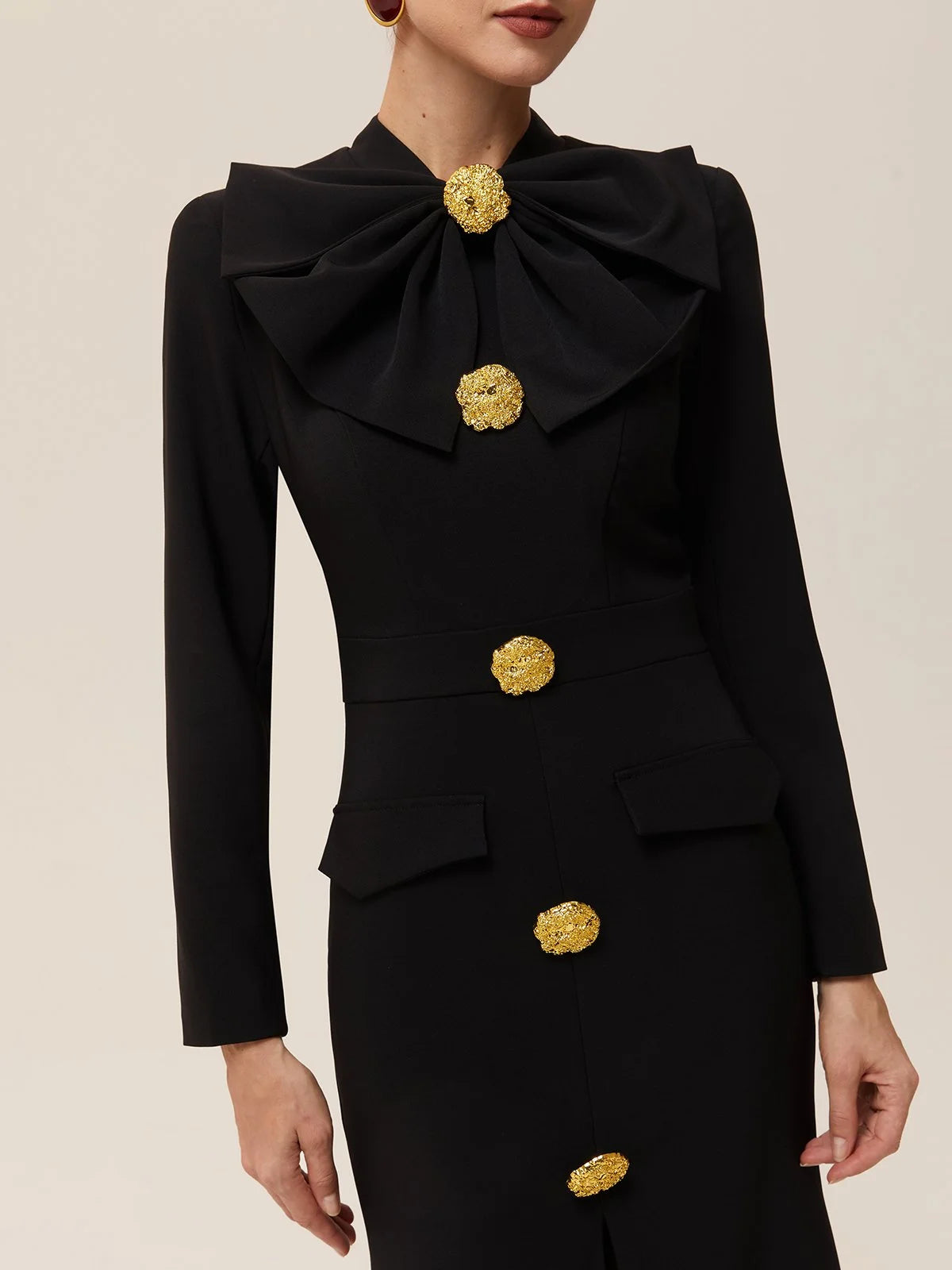 Black Bow Collar Long Sleeve Blazer Sheath Midi Dress
