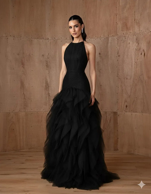 Cocoslly Halter Sleeveless High Waist Long Prom Dress With PLeated And Ruffles | Black Chiffon CO0027