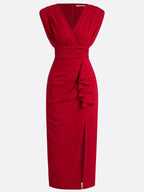 Red Ruffled Knit V Neck Sleeveless Sheath Maxi Dress