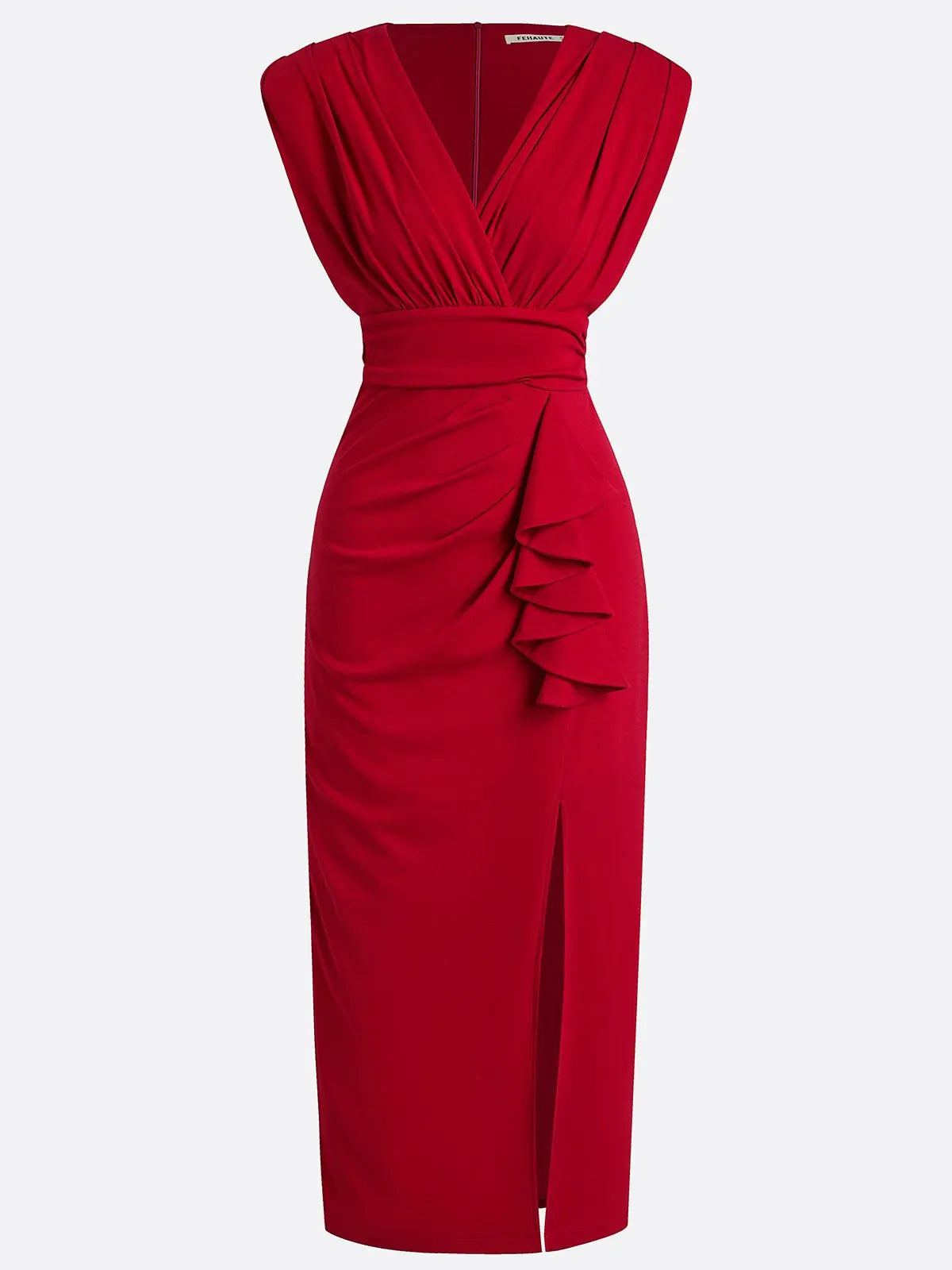 Red Ruffled Knit V Neck Sleeveless Sheath Maxi Dress