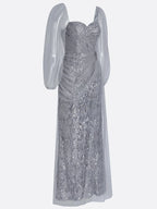 Silver Gray Buckle Sequin Sweetheart Neckline Long Sleeve Sheath Maxi Dress