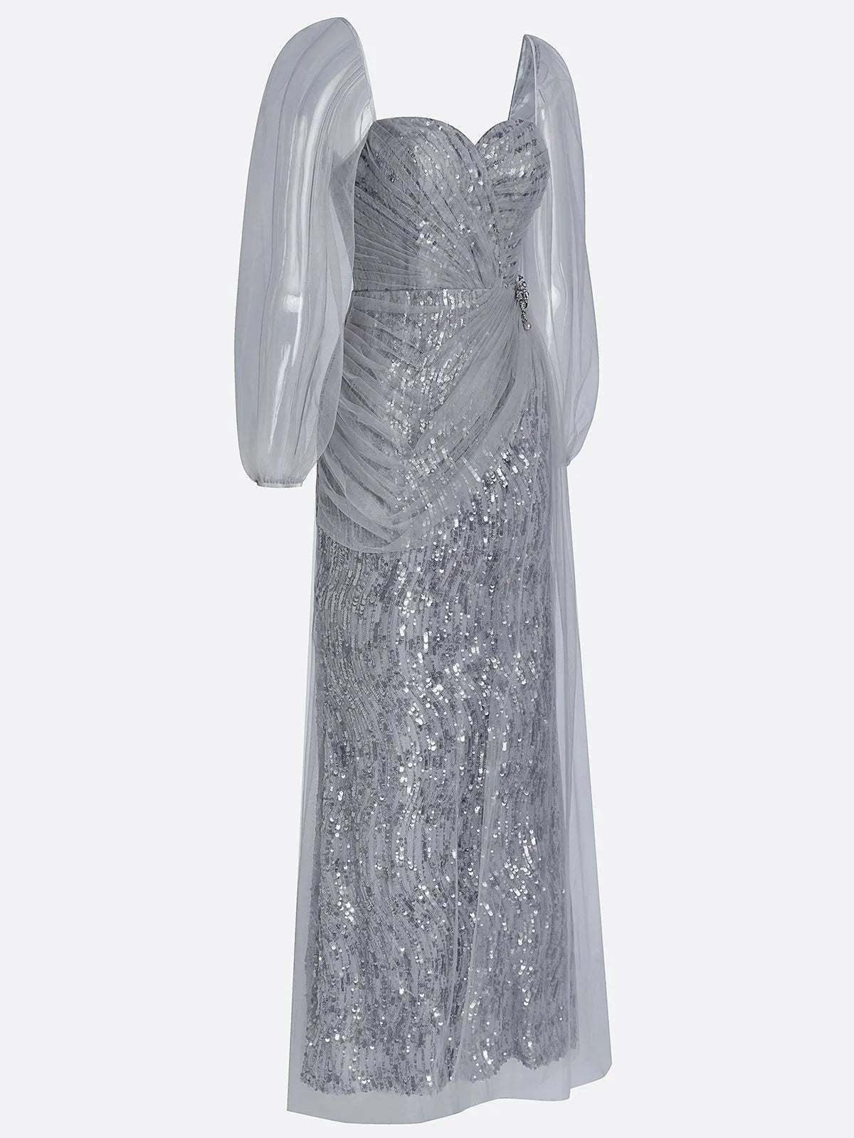 Silver Gray Buckle Sequin Sweetheart Neckline Long Sleeve Sheath Maxi Dress