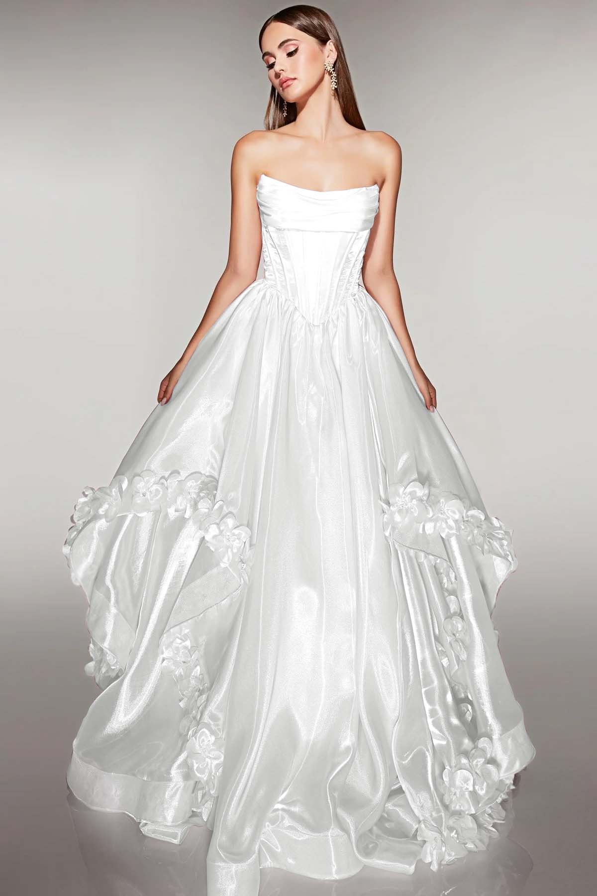 Cocoslly Strapless Sleeveless High Waist Long A Line Prom Dress With Flowers | Pink Satin