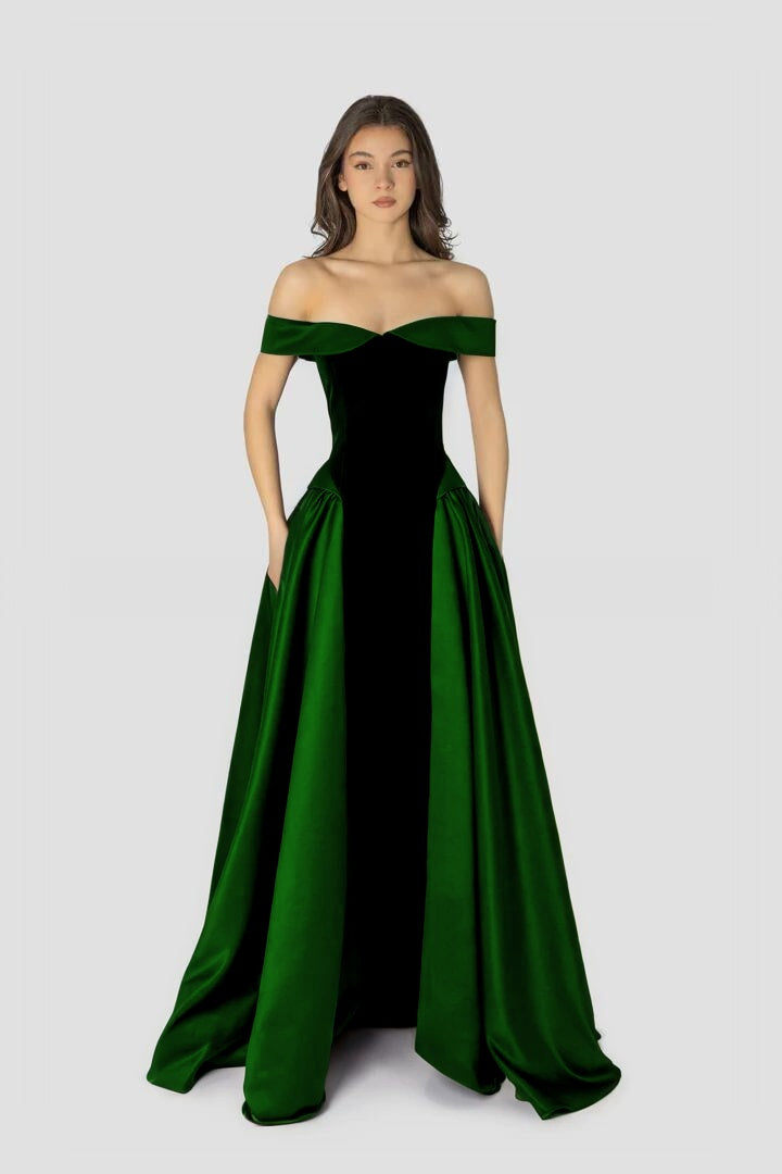 Cocoslly Off-The-Shoulder Sleeveless High Waist Long A Line Prom Dress | Regency Satin LR0426