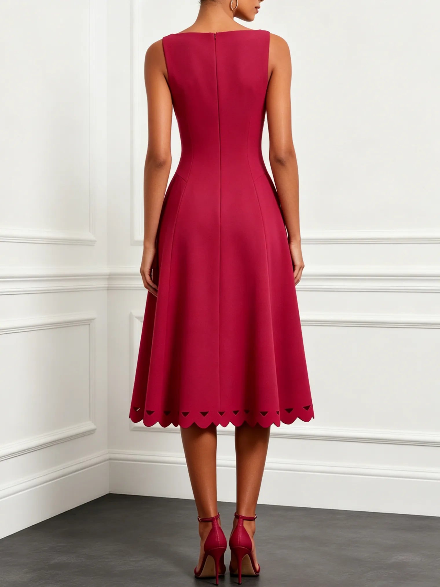 Red Lace Classic Boat Neck Sleeveless A-Line Midi Dress