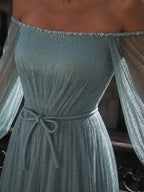 Cocoslly Off-The-Shoulder Long Sleeves High Waist Long Prom Dress With Sequins | Mist Mint Green Tulle LX0086
