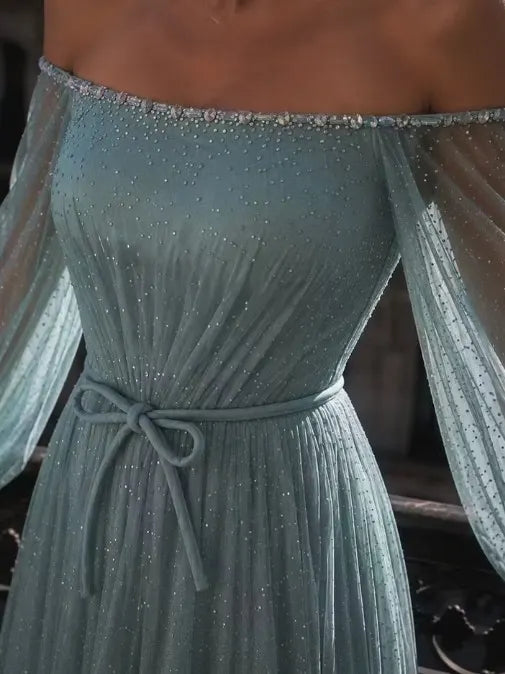Cocoslly Off-The-Shoulder Long Sleeves High Waist Long Prom Dress With Sequins | Mist Mint Green Tulle LX0086
