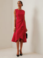 Red Sleeveless Midi Elegant A-line Dress with Waist Twist for Day-to-Night