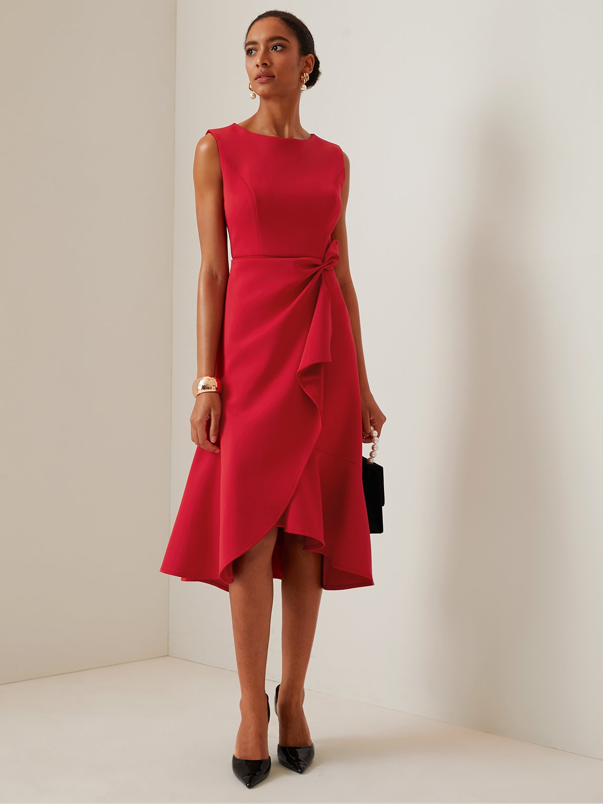 Red Sleeveless Midi Elegant A-line Dress with Waist Twist for Day-to-Night