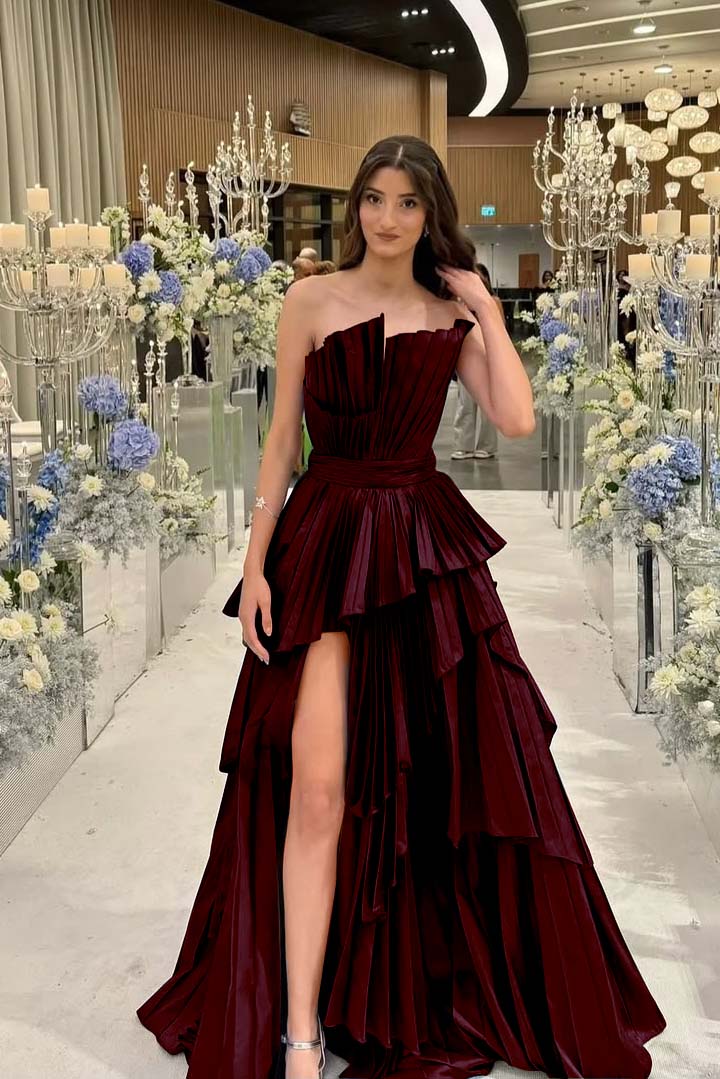 Charming Strapless Sleeveless Long Split Prom Dress With Pleated MS0456